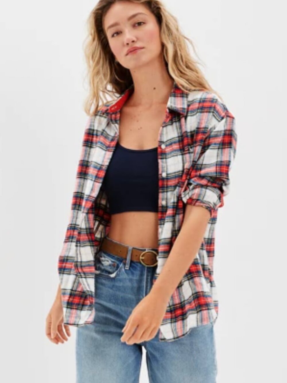 American Eagle AE Oversized Flannel Shirt in Red, White, Navy Plaid Fall Medium